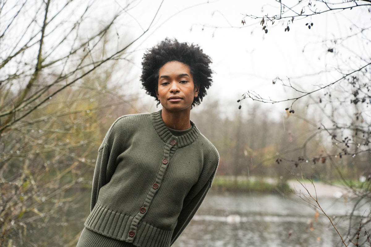 Sugi Organic Cotton Knitted Cardigan in Soft Khaki
