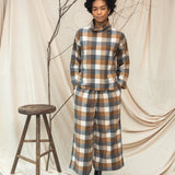 Ula-Cay Recycled Cotton Blend Brushed Twill Check Top in Tan Check