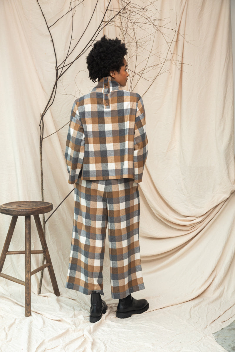 Ula-Cay Recycled Cotton Blend Brushed Twill Check Top in Tan Check
