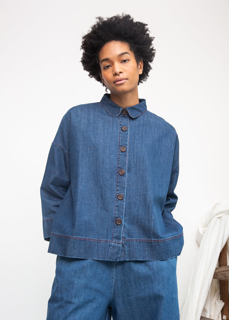 Dylan-Leigh Organic Cotton Denim Overshirt in Mid Blue