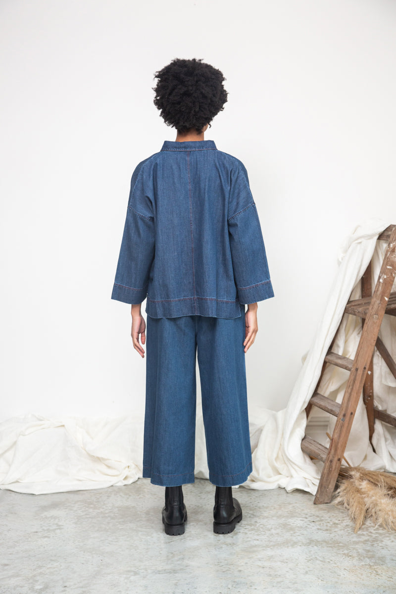 Evora-Leigh Organic Cotton Denim Trousers in Mid Blue | Beaumont Organic