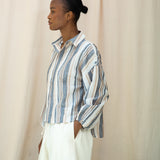 Amanda-Sue Organic Cotton Woven Shirt in Beige Multi Stripe