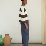 Leia-Sue Organic Cotton Jersey Stripe Top in Cacao & White Wide Stripe