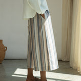 Mazu-Sue Organic Cotton Woven Trousers in Beige Multi Stripe