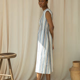Ottillie-Sue Organic Cotton Woven Dress in Beige Multi Stripe