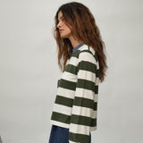 Sierra-Sue Organic Cotton Jersey Stripe Top in Olive & Ecru Marl Stripe