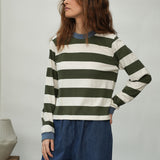 Sierra-Sue Organic Cotton Jersey Stripe Top in Olive & Ecru Marl Stripe