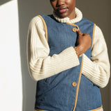 Benji Organic Cotton Denim and Corduroy Gilet in Mid Blue & Hazelnut