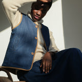 Benji Organic Cotton Denim and Corduroy Gilet in Mid Blue & Hazelnut