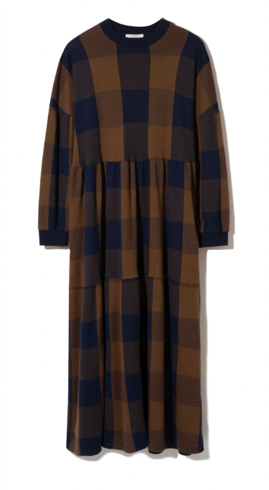 Matilda-Cay Knitted Check Dress in Walnut and Night Sky Check