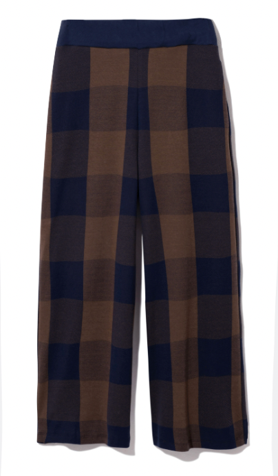 Thorne-Cay Organic Cotton Knitted Check Trouser in Walnut and Night Sky Check