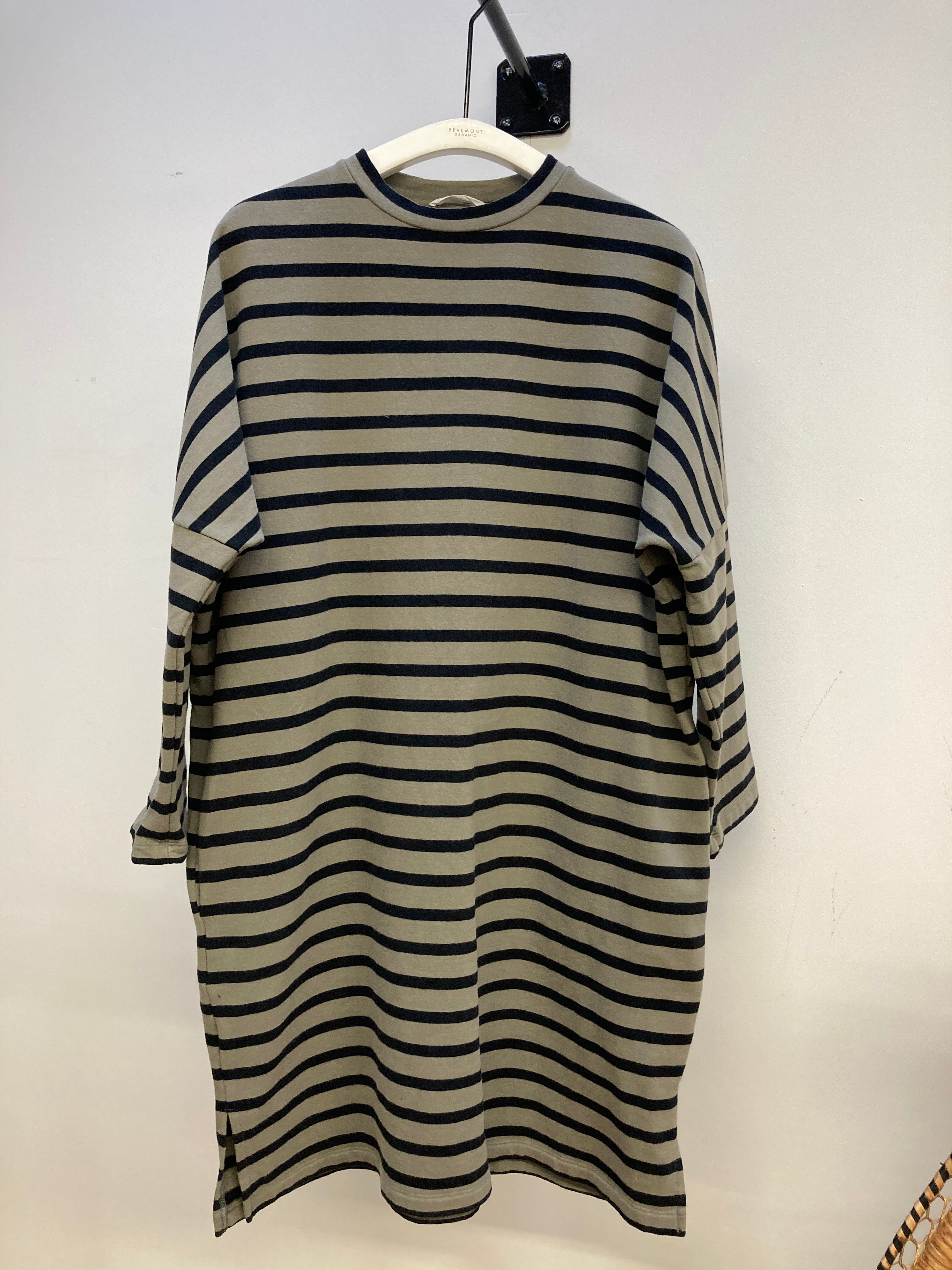 Sarasi-Sue Organic Cotton Dress in Taupe & Black Stripe Size S