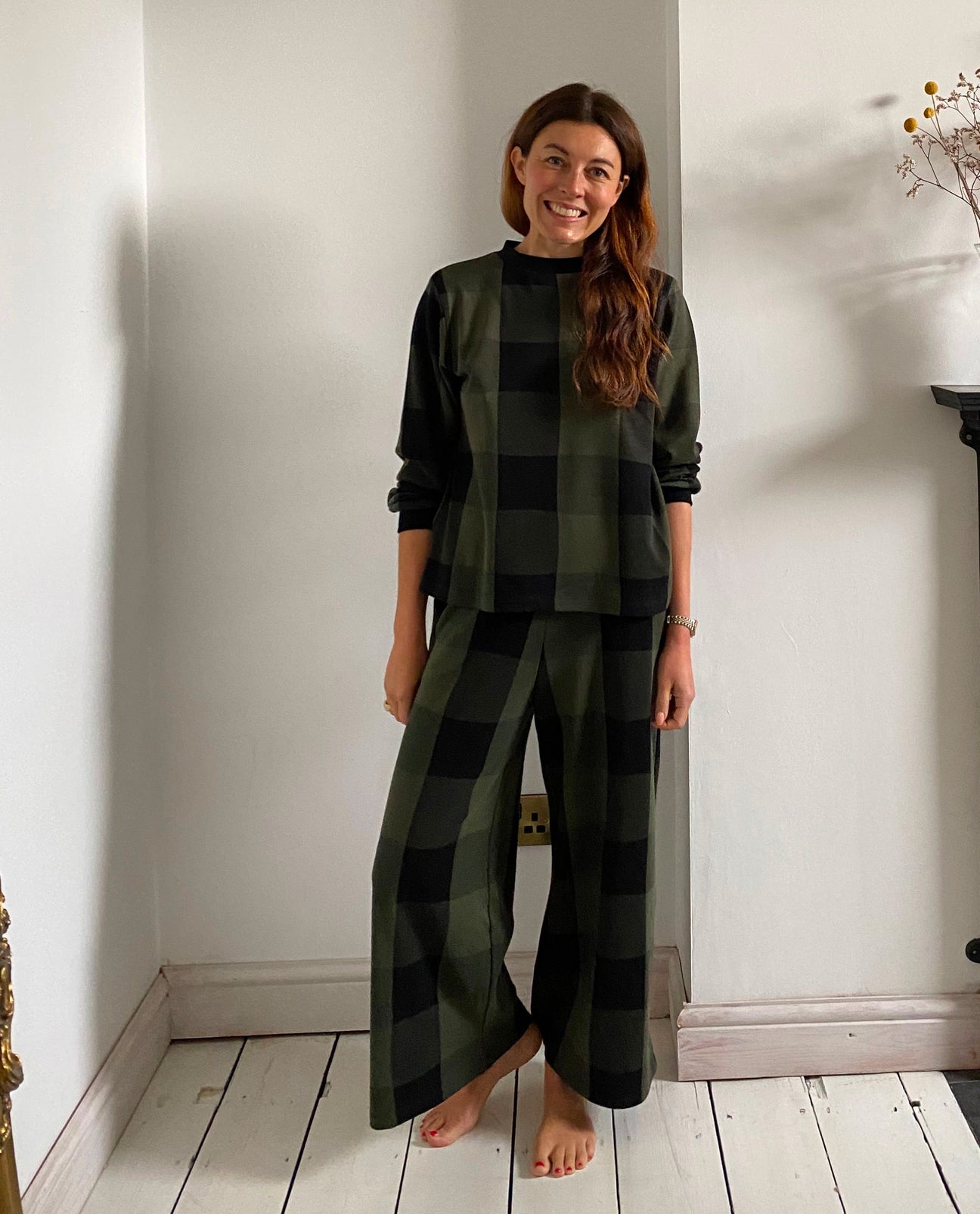 Thorne-Cay Organic Cotton Knitted Check Trouser in Rosin Green and Black Check