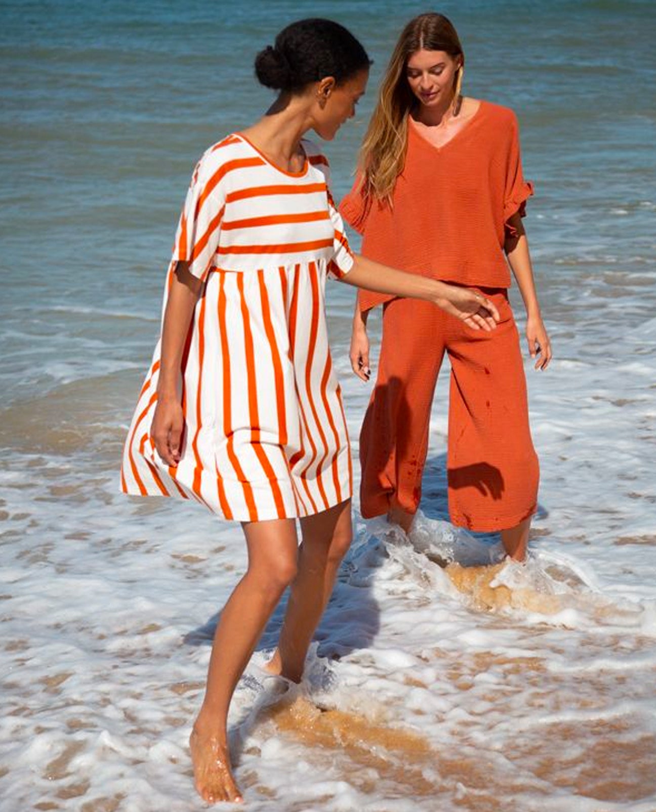 Lois-Sue Organic Cotton Stripe Dress In White & Sunset Orange Stripe