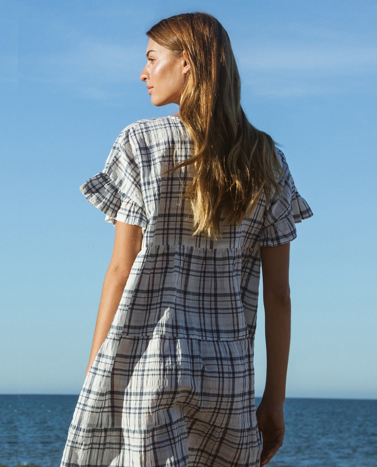 Ada-Cay Organic Cotton & Linen Dress In White & Blue Check