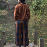 Thorne-Cay Organic Cotton Knitted Check Trouser in Walnut and Night Sky Check