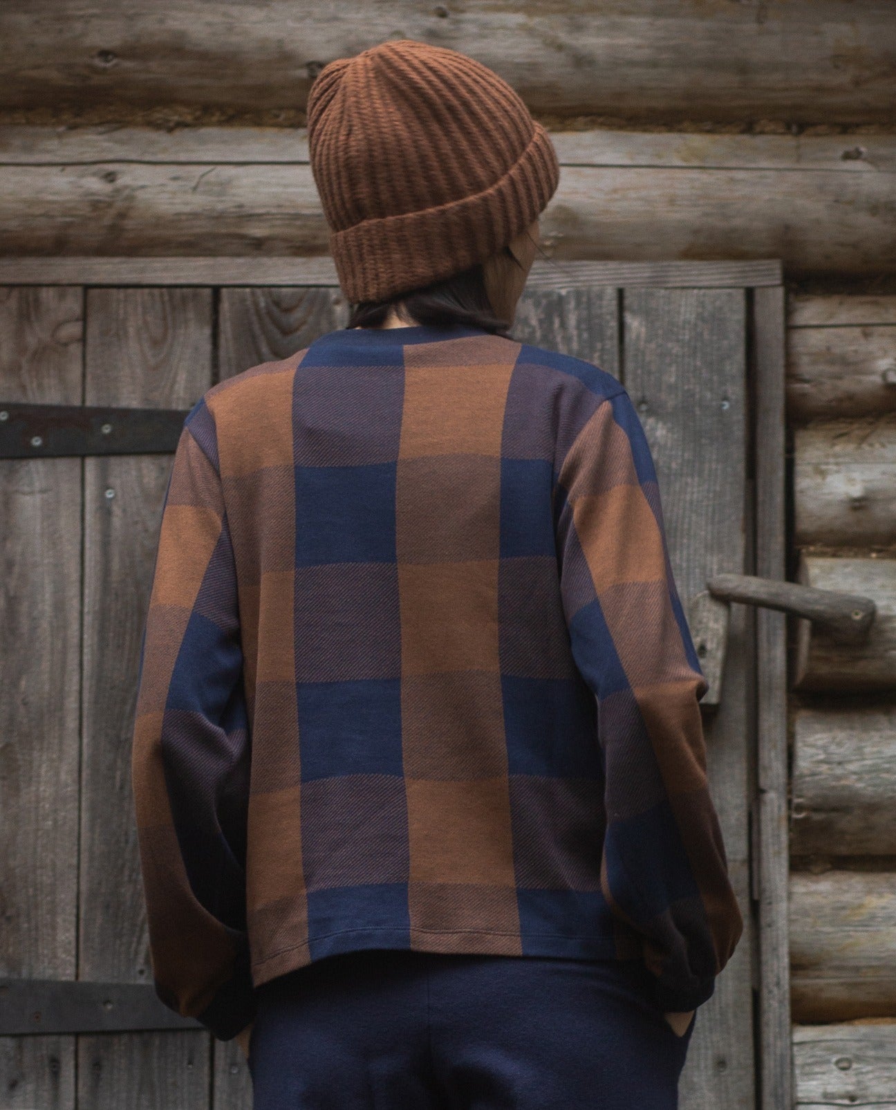 Sierra-Cay Knitted Check Top in Walnut and Night Sky Check
