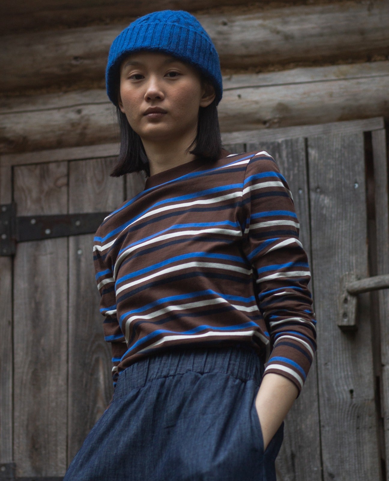 Shoba Jersey Stripe Top in Walnut and Cobalt Stripe