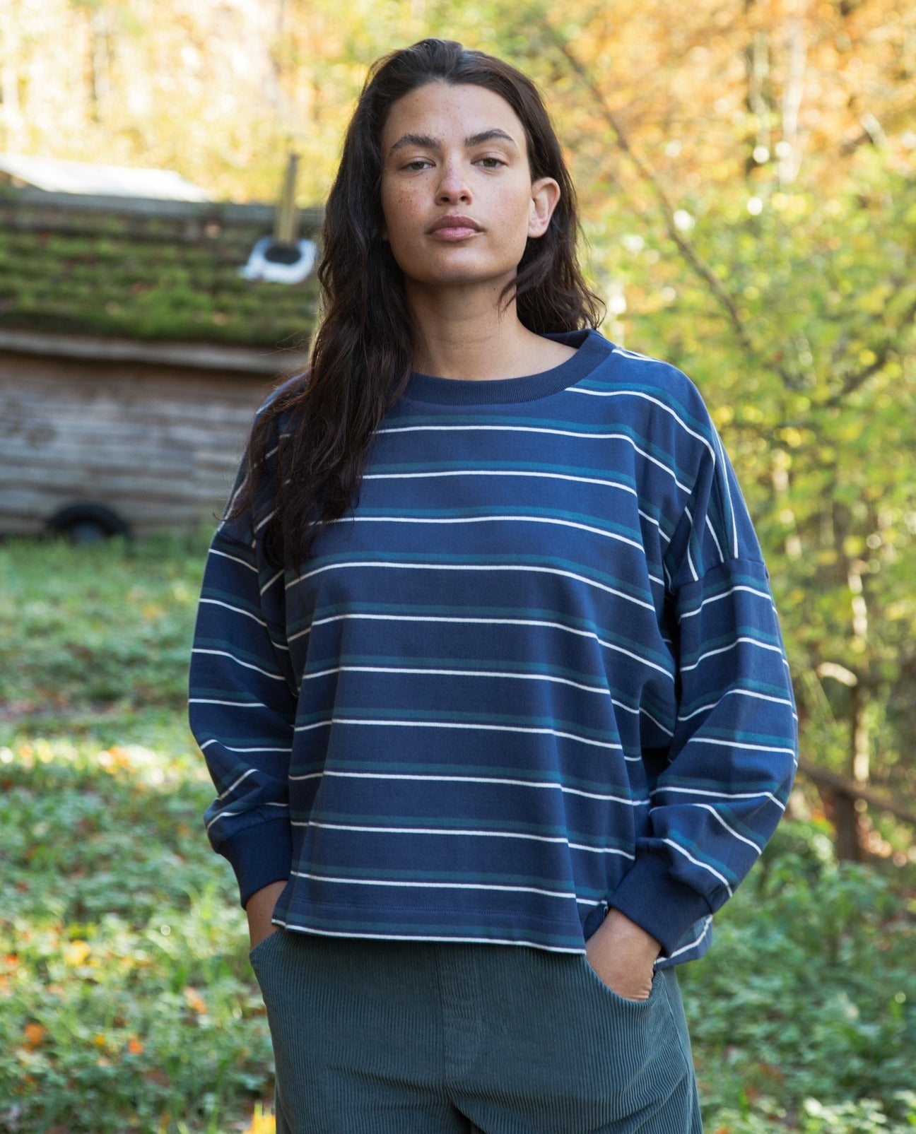 Serenity-Sue Organic Cotton Sweatshirt in Petrol and Off White Stripe