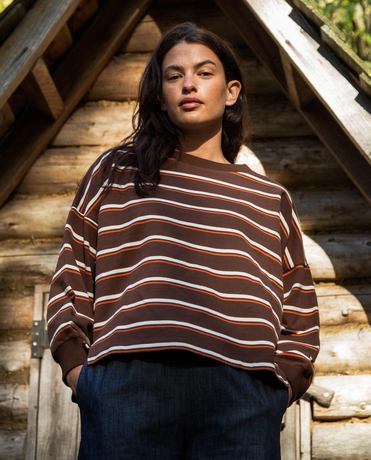 Serenity-Sue Organic Cotton Sweatshirt in Walnut and Orange Stripe