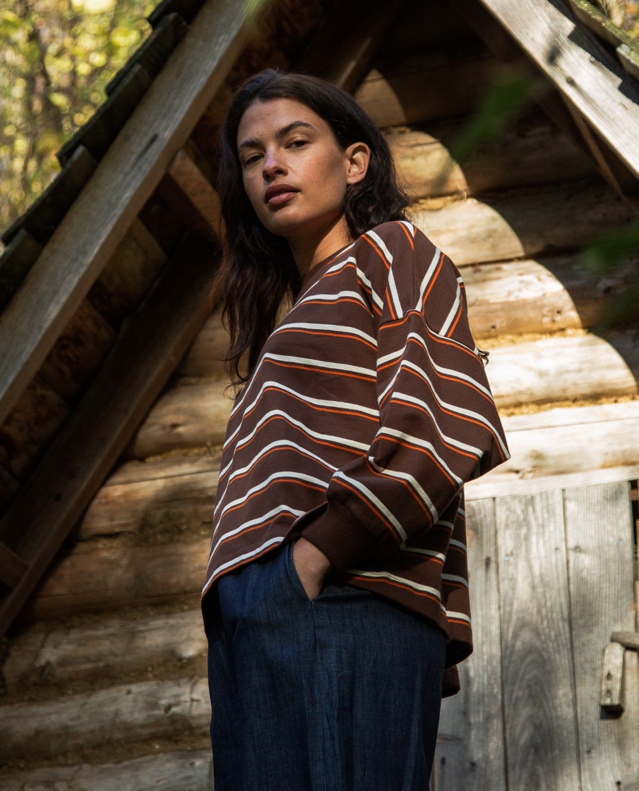 Serenity-Sue Organic Cotton Sweatshirt in Walnut and Orange Stripe