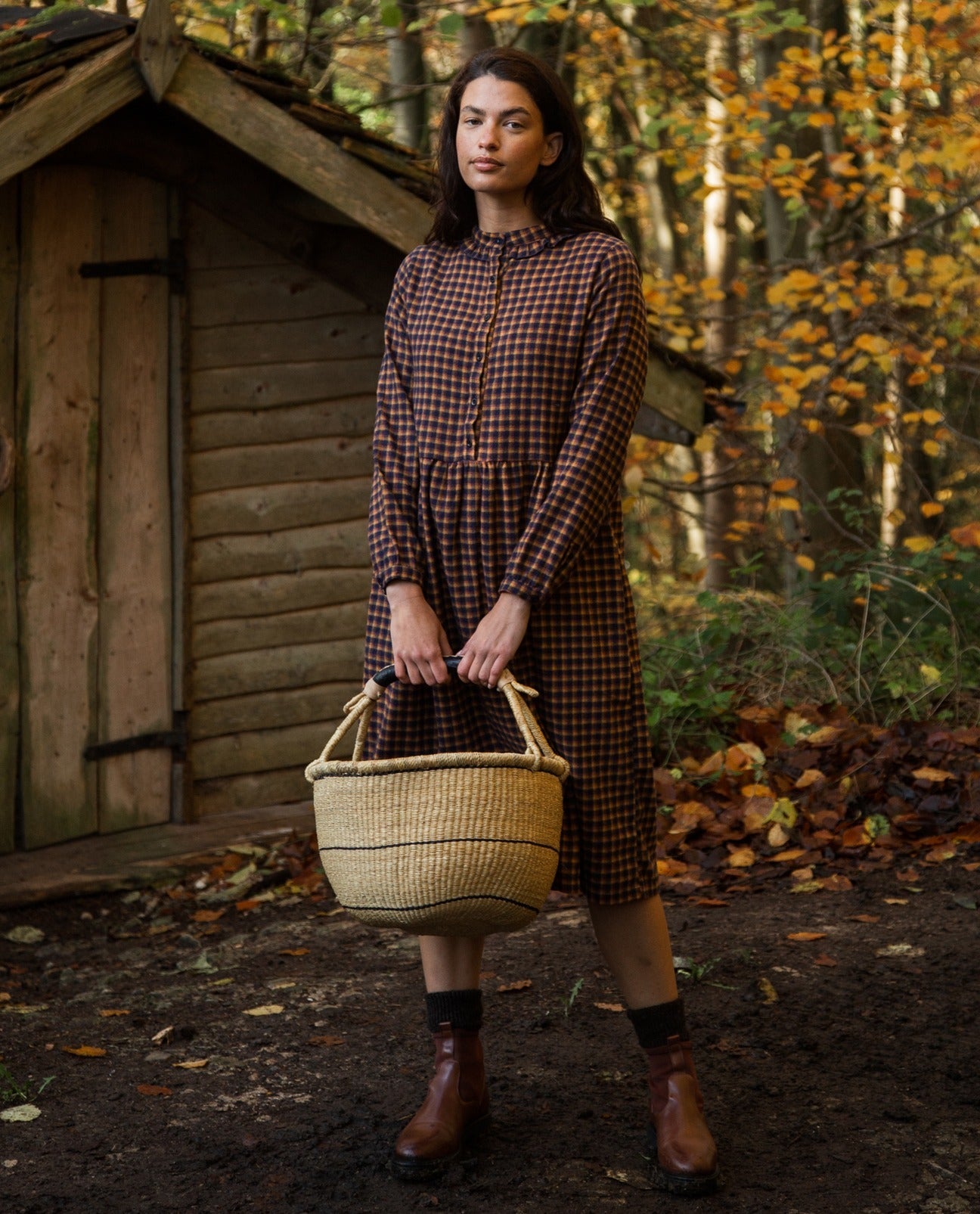 Brier Cay Organic Cotton Brushed Twill Dress in Navy and Mustard