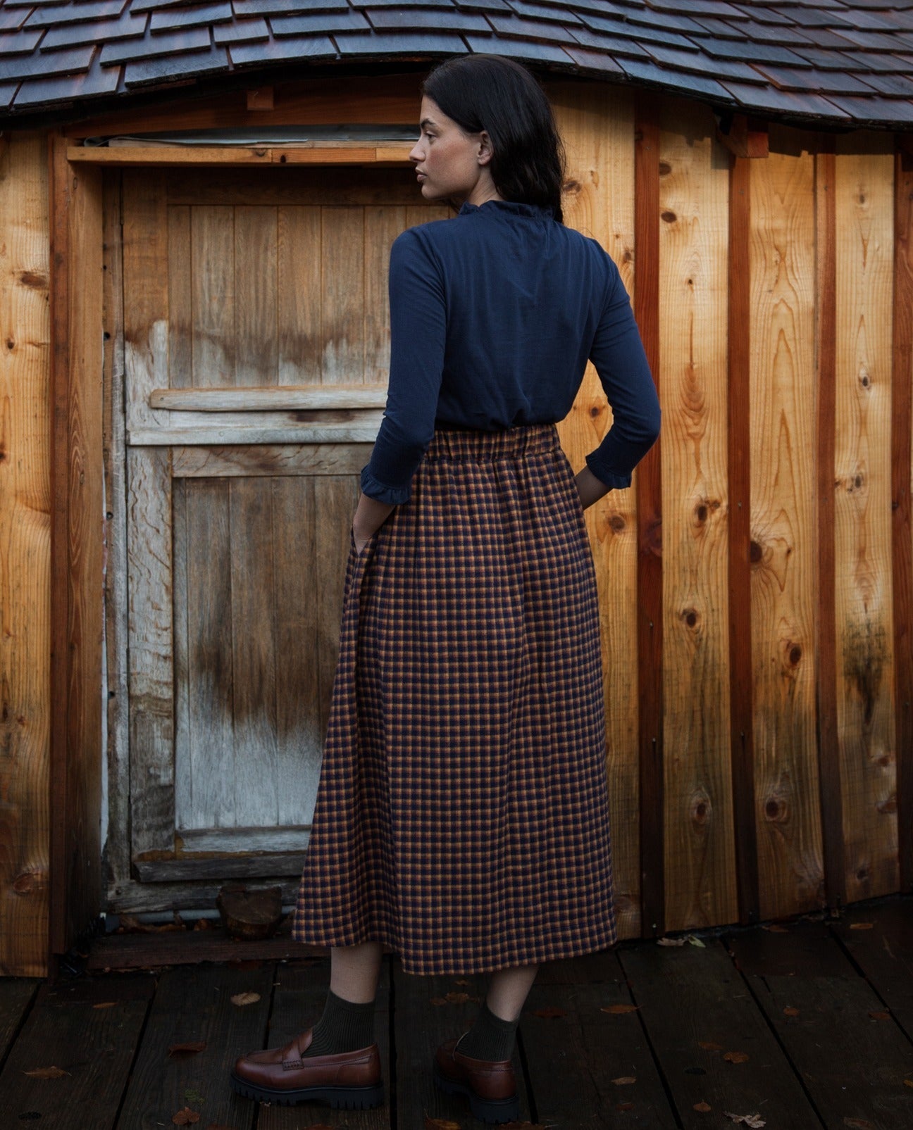 Ellery Cay Organic Cotton Brushed Twill Skirt in Navy and Mustard