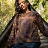 Elodie-Cay Organic Cotton Brushed Twill Blouse in Navy and Mustard Check