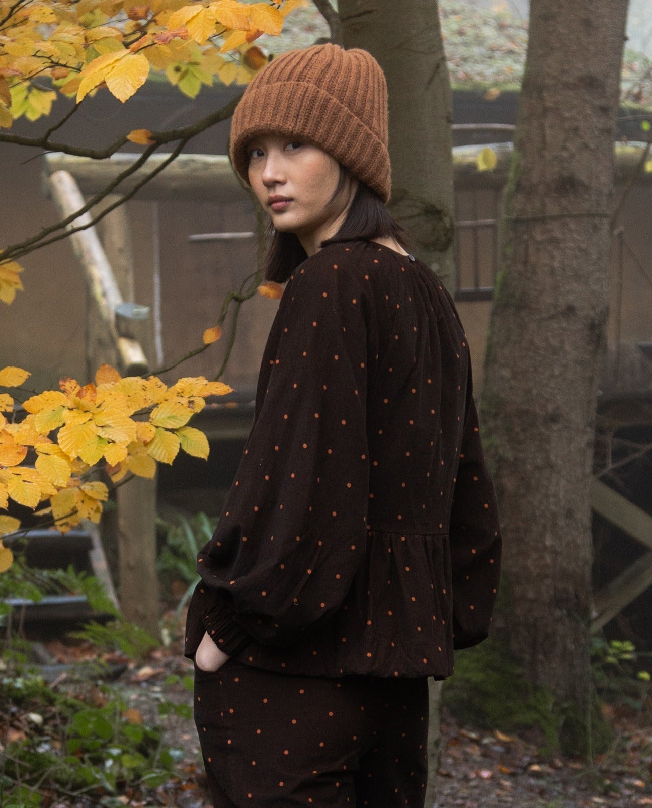 Heidi-Paige Printed Cord Blouse in Brown and Tan Polka Dot