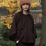 Heidi-Paige Printed Cord Blouse in Brown and Tan Polka Dot