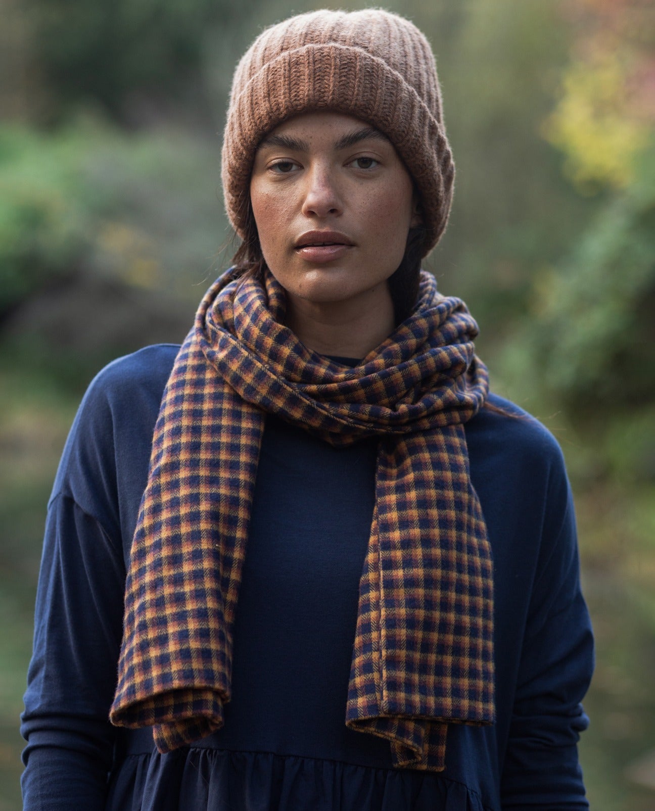 Lenka-Cay Organic Cotton Brushed Twill Check Scarf in Navy & Mustard Check