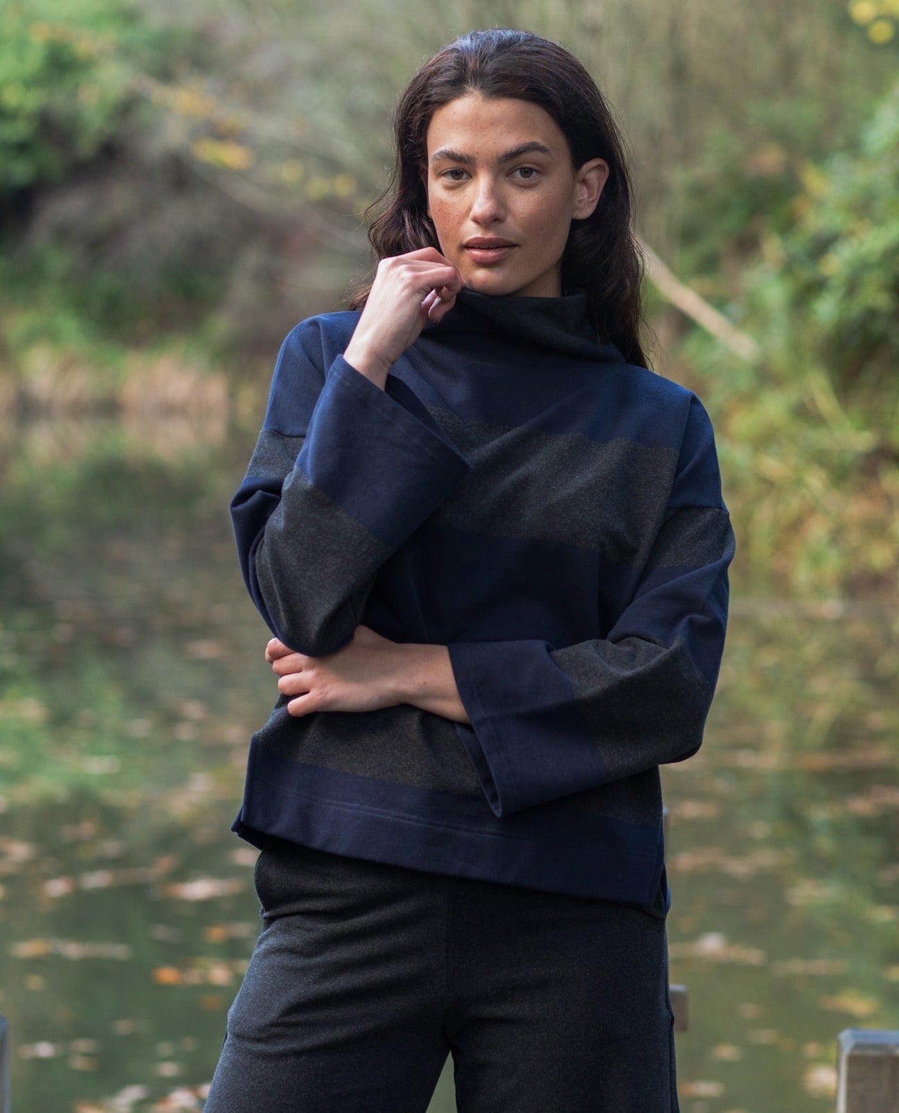Nadine-Sue Organic Cotton Sweatshirt in Black Marl and Navy Stripe