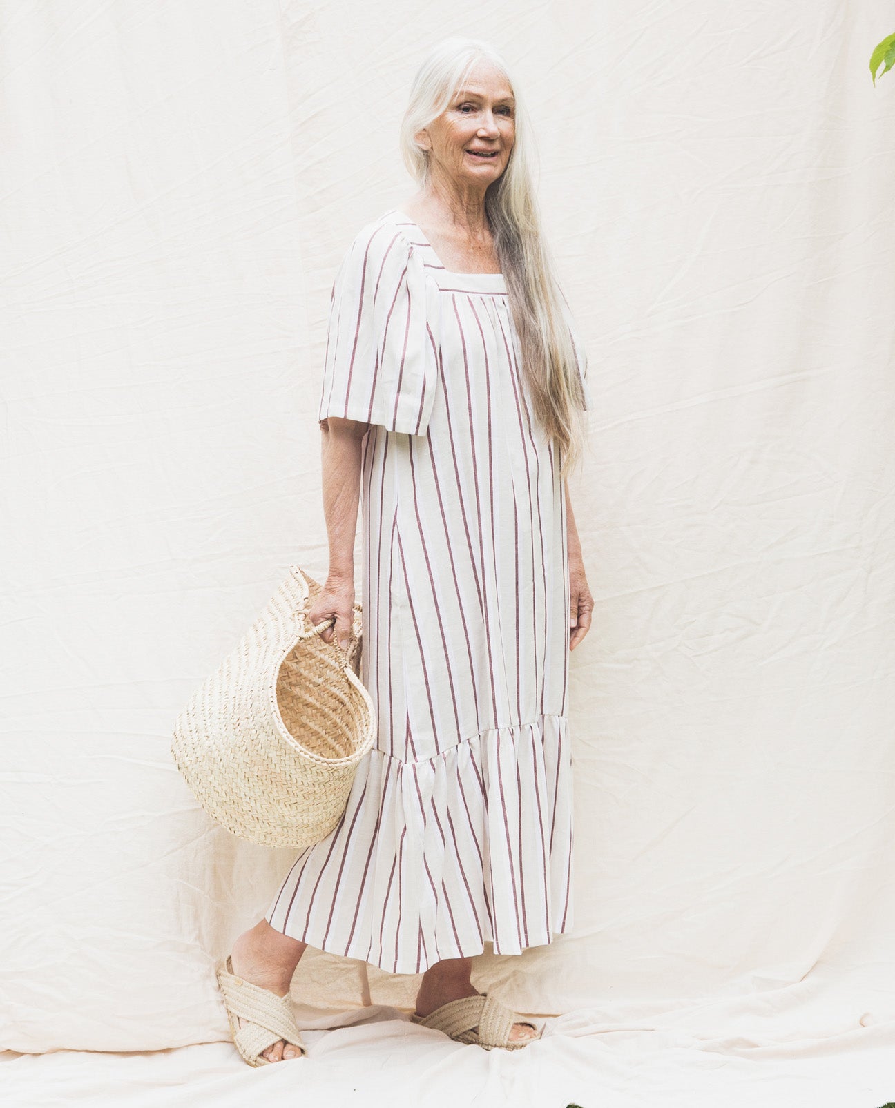 Lesley-Sue Linen Dress In Cream & Plum