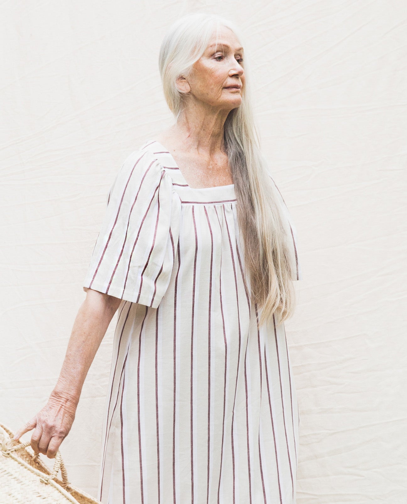 Lesley-Sue Linen Dress In Cream & Plum