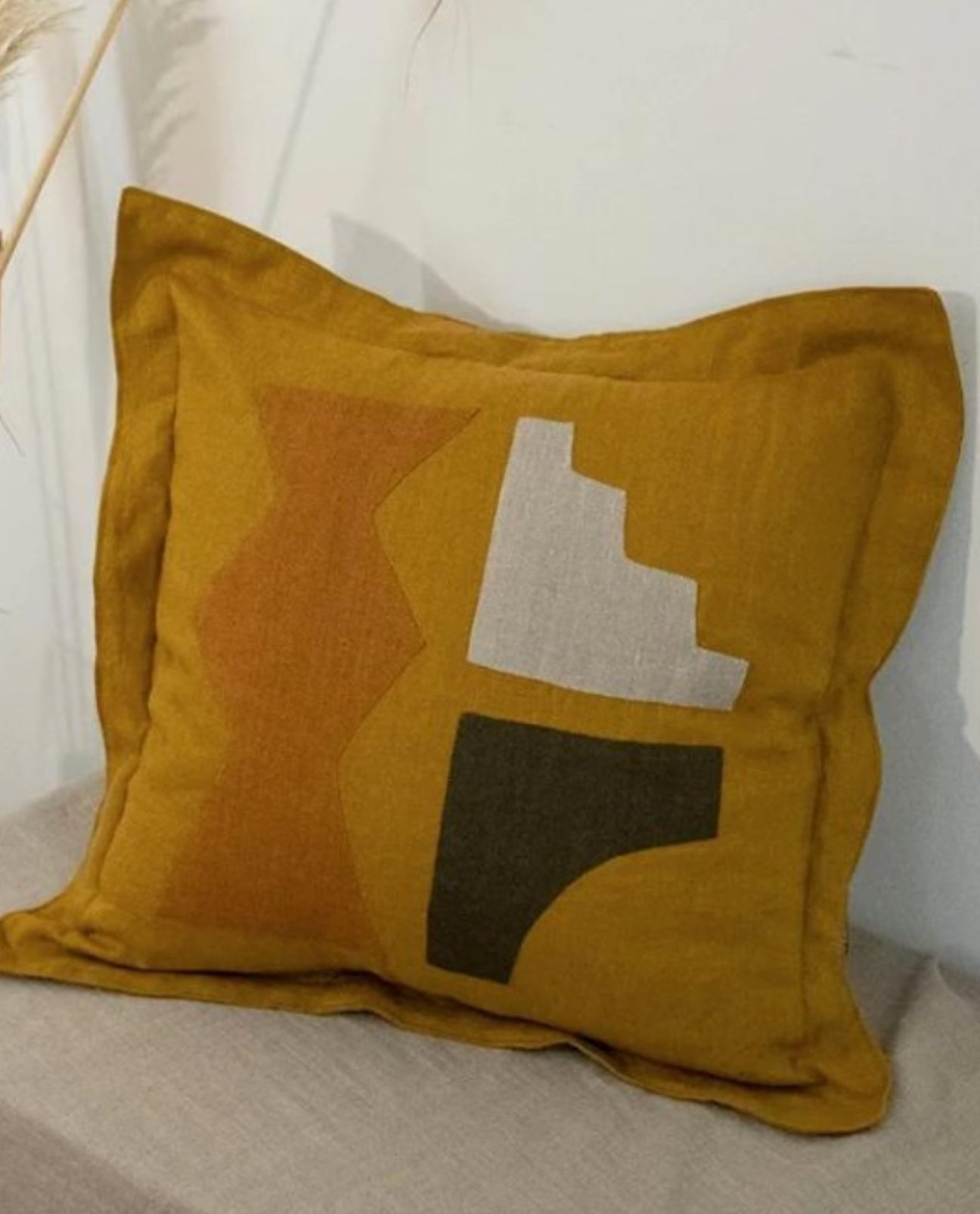 Alcains-Amist Applique Linen Pillow in Mustard