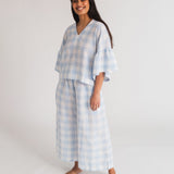 Adrienne-Gee Linen Gingham Trousers In Pale Blue