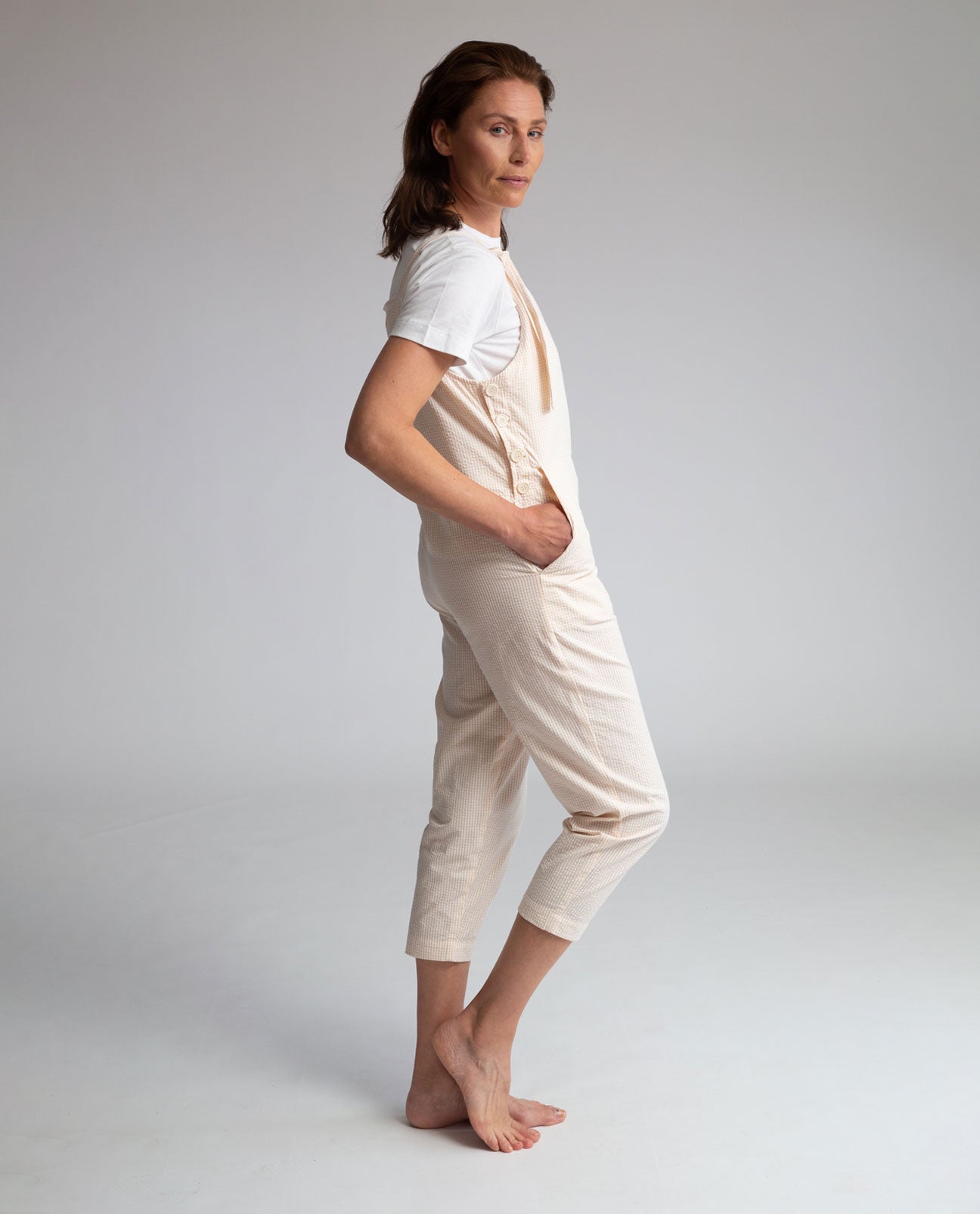 Delilah Organic Cotton Gingham Jumpsuit in Sand