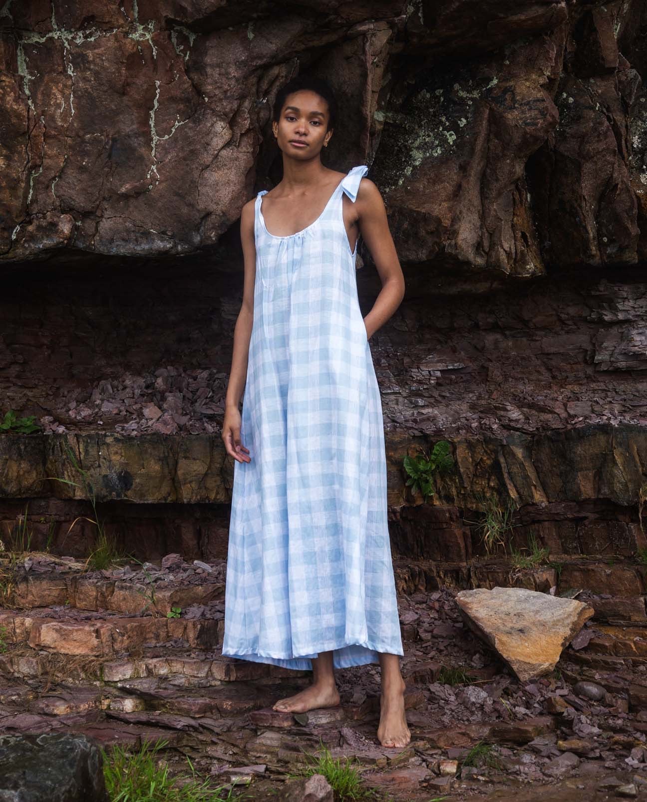 Pansy-Gee Linen Gingham Dress In Pale Blue