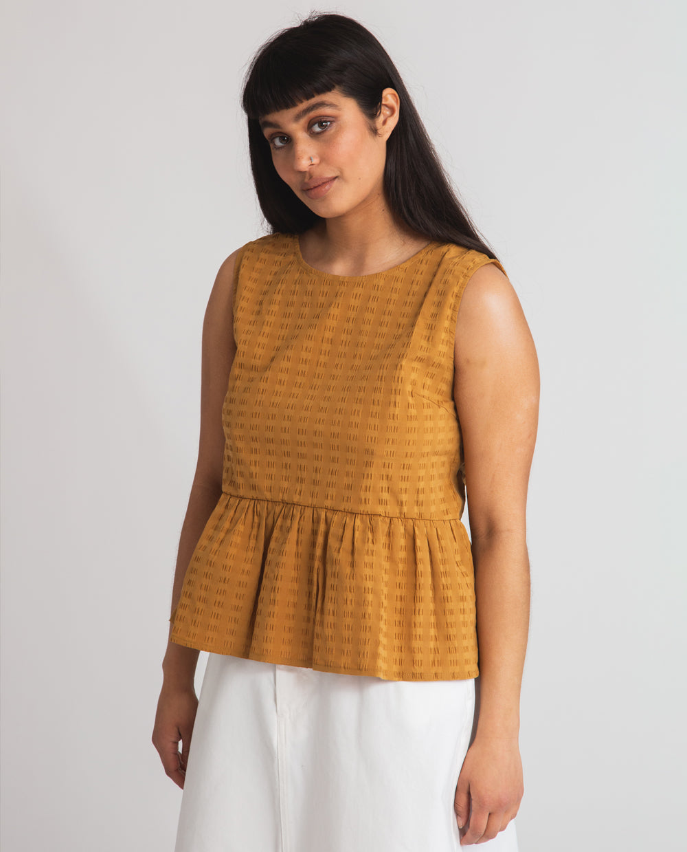 Marcia Cotton Seersucker Top In Burnt Ochre