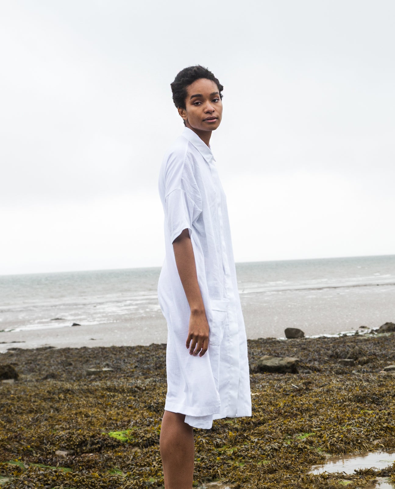 Natasha-May Organic Cotton & Linen Shirt Dress in White