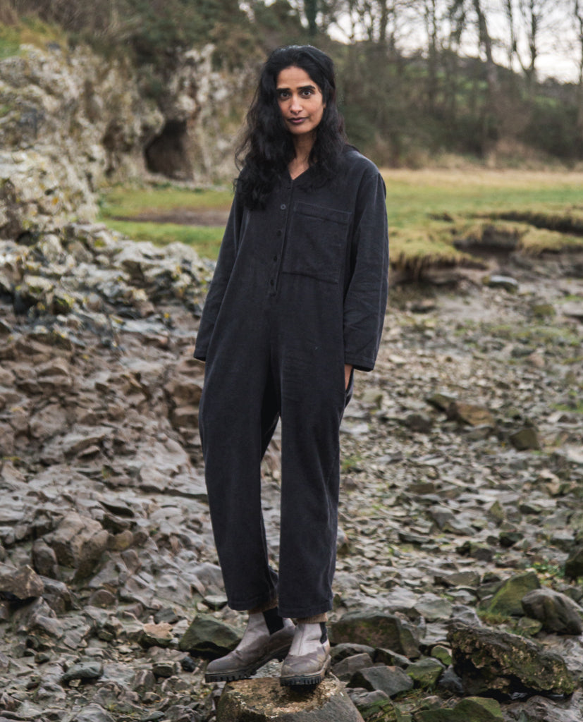 Portia Organic Cotton Cord Jumpsuit In Charcoal