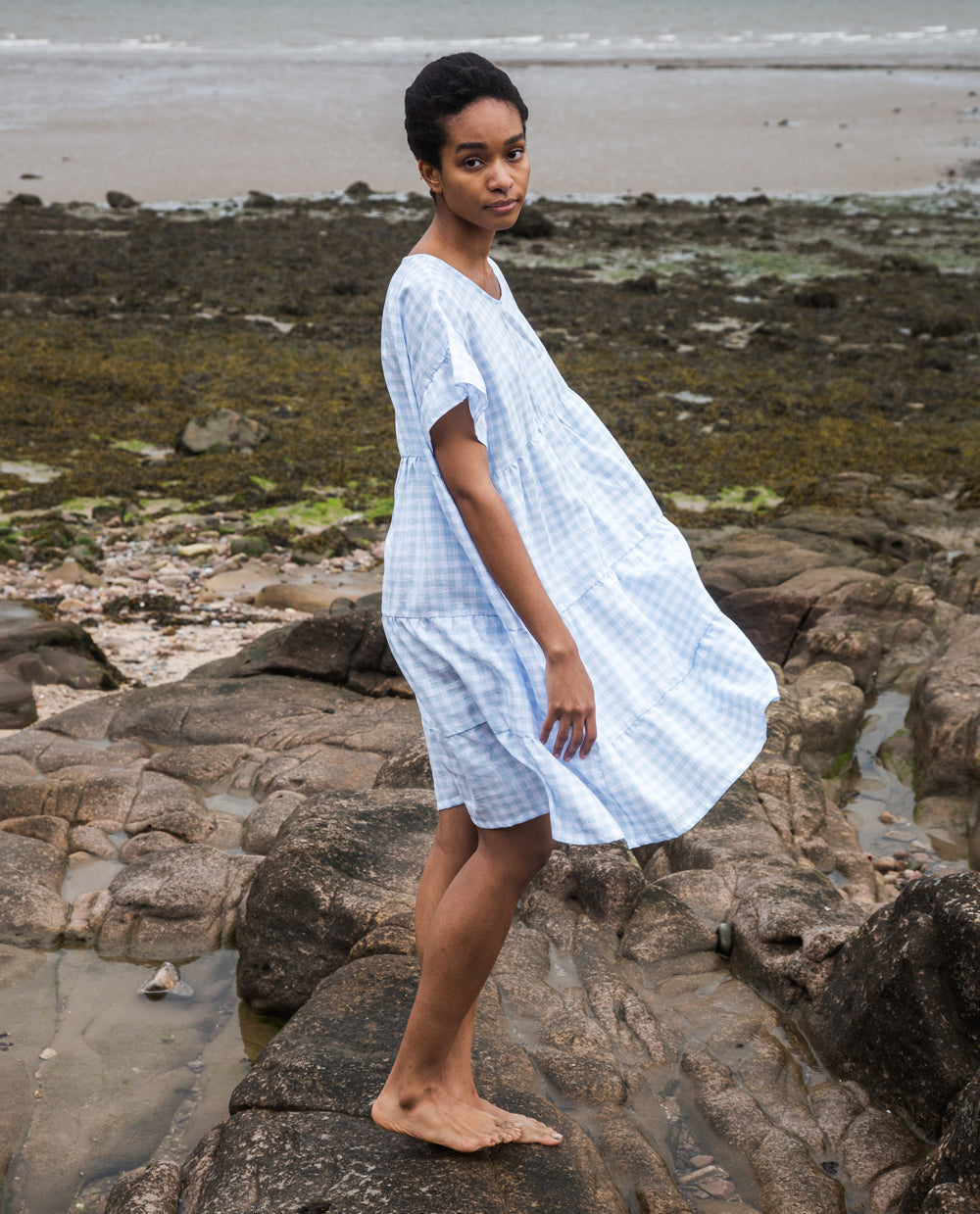 Quila-Gee Linen Gingham Dress In Pale Blue