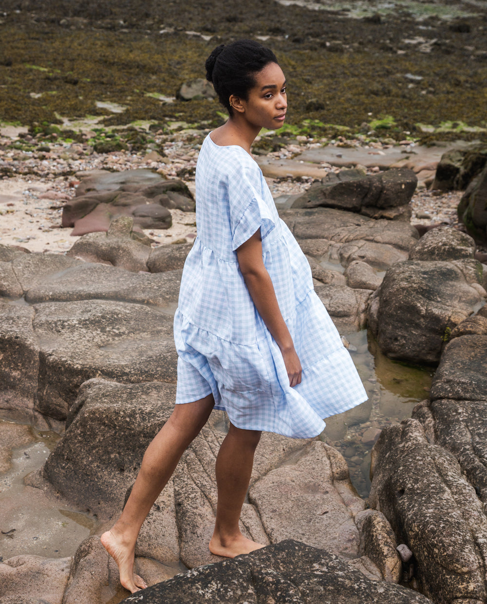 Quila-Gee Linen Gingham Dress In Pale Blue