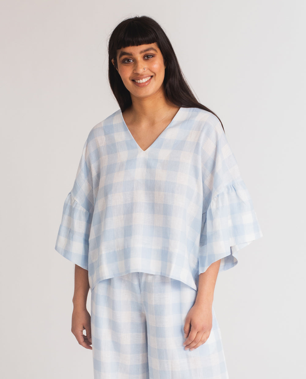 Rita-Gee Linen Gingham Top In Pale Blue