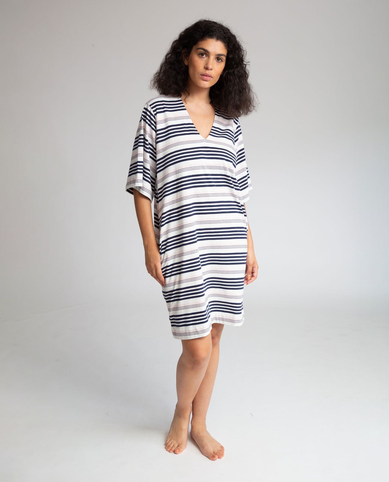 Sasha-Sue Organic Cotton Dress In Off White, Navy & Amaranth