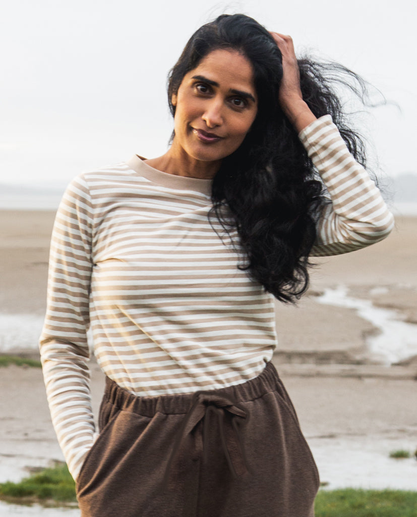 Shoba Organic Cotton Top In Off White & Peyote Stripe